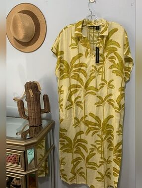 Nwt Tahari Tropical Palm Print Linen Caftan Dress - Yellow/Olive